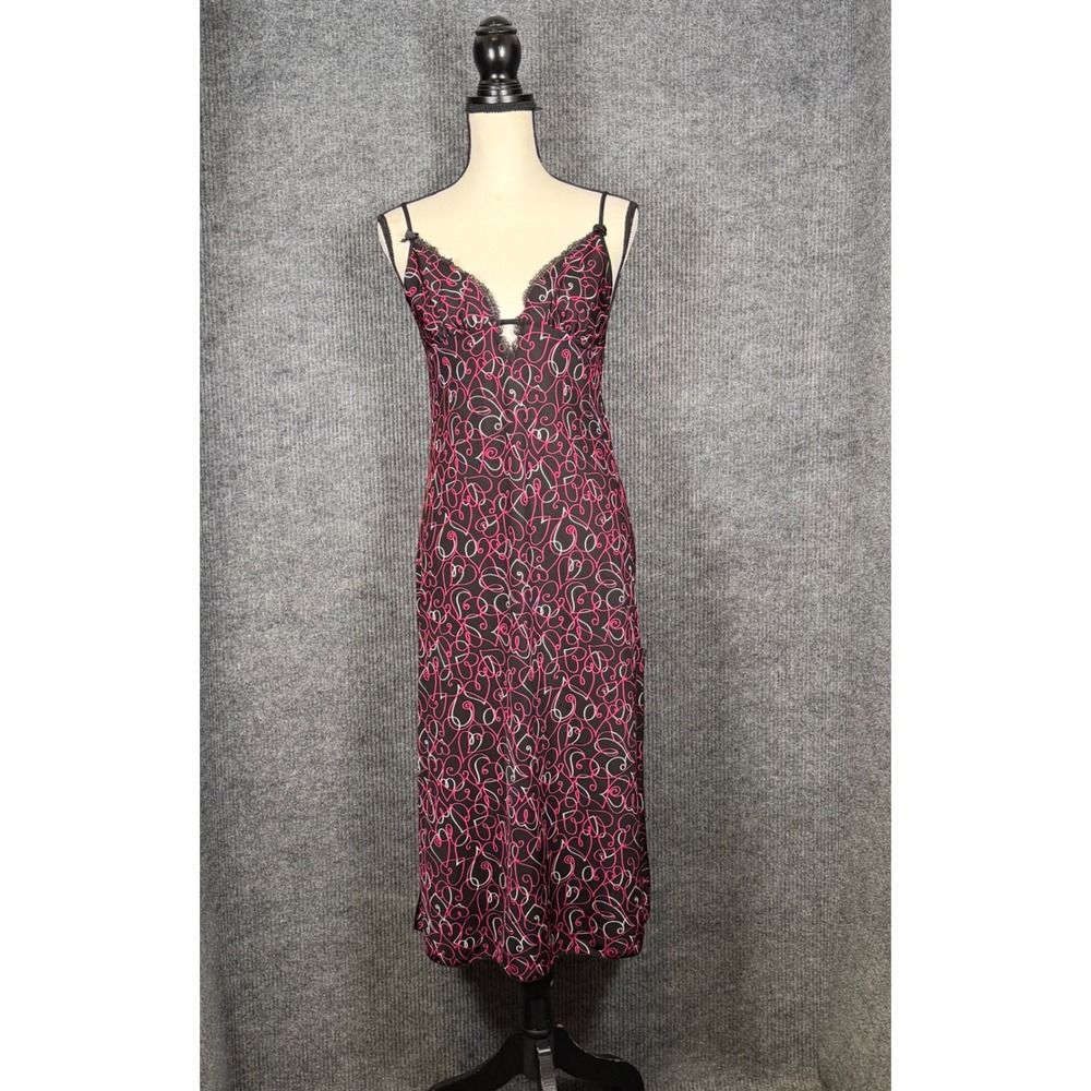 Y2K Sweet & Sexy Sleepwear Slip Dress M Black Pink Hearts Lace Double Slit Slink